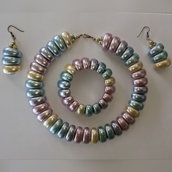 RARE! EVC 80's PLASTIC CHUNKY METALLIC PASTEL JEWELRY SET - Picture 2 of 12